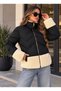 Women's Black Inflatable Coat - Plush Detailled Stand-Up Collar Zippered Coat