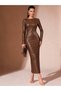 Women's Long Sleeve Crew Neck Fitted Bodycon Long Leather Dress, Special and Stylish Design - 3