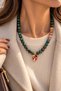 Women's Handmade Apatite and Strawberry Quartz Natural Stone Necklace with Steel Leaf End Special Design - 4