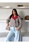 Muadil Beige Garnished Detailed Red Collar Plaid Bomber Trench Jacket - 2