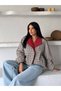 Muadil Beige Garnished Detailed Red Collar Plaid Bomber Trench Jacket