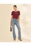 Women Burgundy Printed Ribbed T-Shirt - 5