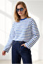 Women's Saks Blue White Striped Spanish Sleeve Slim Sweatshirt Swt-19000811 - 2