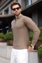 Light Brown Zippered Polo Collar Textured Men's Knitwear Sweater E7523 - 3