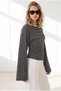 Women's Black Crew Neck Striped Spanish Sleeve Cotton Blouse Blz-19003475 - 4