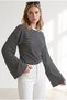 Women's Black Crew Neck Striped Spanish Sleeve Cotton Blouse Blz-19003475 - 2