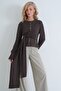 Women's Brown Crew Neck Belted Buttoned Cardigan Alc-X15885 - 3