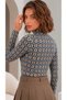 Women's Coffee Blue Retro Patterned Printed Stand Collar Long Sleeve Viscose Blouse - 4