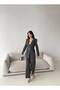 Feme- Gray Laser Cut Belted Blazer Jacket and Trousers Set - 2