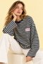 Women's 100% Cotton Striped Oversize Long Sleeve T-Shirt Navy Blue Yellow - 7