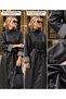 Women's Leather Long Trench Coat – Belted, Striped Cuff Detail-9837-Black - Standard Size - 3