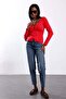 Red Ornamental Buttoned V-Neck Knitwear 6603 - 3