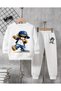 Round Neck Tiny Bear Rap Time Printed 100% Cotton Winter Boys' Pocketless Tracksuit Set - 2