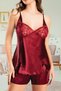 Women's Burgundy Strappy Shorts Lace Detailed Satin Pajama Set Vr.Ms.31.19.001