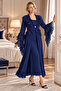 Mecit 6411 navy blue lace detailed women's dressing gown nightgown set - 3