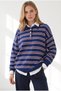 Women's Navy Blue Polo Collar Striped Knitwear Sweater Kzk-19001186