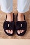 Black Women's Ribbon Buckle Open Plush House Slippers 2028Nav - 3