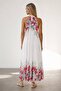 Women's Floral Patterned Neck Tie Pleated Women's Long Dress A-001-715 - 3