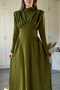 Padded High Collar Midi Khaki Dress with Chest Detail - 3