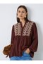 Brown Embroidered Long Sleeve Blouse