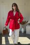 Short Buttoned Belted Red Trench Coat - 4