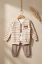 Baby Boy Beige Striped Teddy Bear Embroidered 3-Piece Set - Cotton Zip-Up Cardigan and Comfortable Jogger Bottom Set - 2