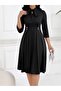 Women's Tuvakar Sleeves, Collar, Lace-Up, Buttoned Midi Imported Crepe Dress