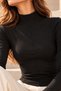 Women's Black Stand Collar Long Sleeve Modal Ribbed Fabric Blouse with Stitching Detail - 2