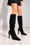 Women's Black Below the Knee Suede Pointed Toe 9 cm Thin Heeled Gathered Stylish Boots - 6