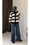Marine Striped Buttoned Crew Neck Knitwear Jacket - Navy Blue & Ecru - 2