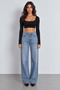 Few Tint Women's Black Square Neck Long Sleeve Sandy Fabric Stretchy Crop Blouse
