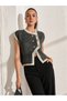 Asez Boutique Women's Black Ecru Striped Buttoned Sleeveless Knitwear Embroidered Vest