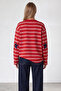 Women's Red Ribbed Crew Neck Oversize Striped Sweatshirt Alc-X15947 - 6