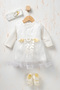 Baby Girl Floral Detailed Tulle Dress with Inner Bodysuit, Shoes and Bandana as a Gift - 4