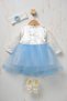 Baby Girl Floral Detailed Tulle Dress with Inner Bodysuit, Shoes and Bandana as a Gift - 6