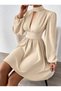 Women's High Neckline Low-Cut Detailed Waist Fitted Balloon Sleeve Mini Dress - 3