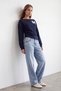 Women's Navy Blue Boat Neck Front and Back Printed Three-Thread Sweatshirt with Draped Detail Alc-X15959 - 3