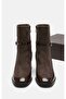 Brown Suede Patent Leather Detailed Stone Buckle Thick Heeled Women's Boots - 4