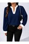 Women's Contrast Collar Detailed V-Neck Long Sleeve Stylish Blouse - 2