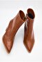 Women's Pointed Toe Thick Heeled Tan Croco Design Zippered Boots - 3