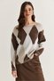 Women's Coffee-Ecru Diamond Patterned Boat Neck Oversize Knitwear Sweater Tk261066 60286624 - 5