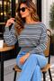 Women's Slim Mercerized Asymmetrical Cut Striped Boat Neck Knitwear Sweater - 2