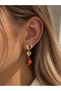 Gold Plated Heart Detailed Orange Stone Dangle Earrings