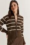Women's Brown-Beige Striped Zippered High-Neck Knitwear Cardigan Th261057 60286622