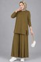 Modal Fabric Zippered Tunic and Trouser Skirt 2-Piece Top and Bottom Hijab Set - Olive Green - 3