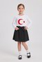 Girls' White Long Sleeve Flag T-Shirt Black Bow Beaded Skirt April 23 October 29 Show Outfit - 3
