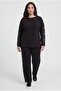 Women's Plus Size Stone Embroidered Crew Neck Black Tracksuit Set