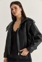 Women's Black Lined Stand Collar Shoulder Epaulettes Snap Closure Oversize Faux Leather Jacket 2838 60286593 - 4