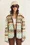 Women's Cream-Brown Patterned Stand Collar Pocket Detailed Ribbed Zippered Fleece Sweatshirt 4219 60286646 - 2