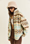 Women's Cream-Brown Patterned Stand Collar Pocket Detailed Ribbed Zippered Fleece Sweatshirt 4219 60286646 - 4